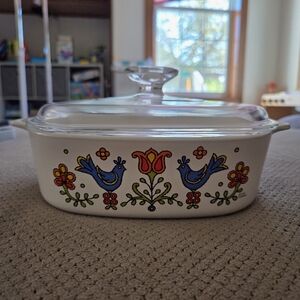 Vintage 1975 2 Quart Corning Ware Casserole Country Festival - Blue Birds A-2-B